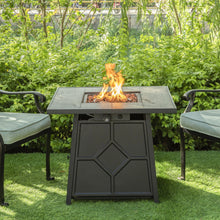 Load image into Gallery viewer, 28 Inch Square Patio Black Metal Base 40000 BTU Firepit Table with Gray Tabletop (Rain Cover Included)