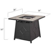 Load image into Gallery viewer, 28 Inch Square Patio Black Metal Base 40000 BTU Firepit Table with Gray Tabletop (Rain Cover Included)