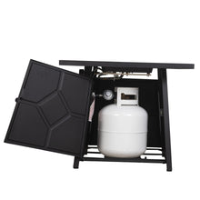 Load image into Gallery viewer, 28 Inch Square Patio Black Metal Base 40000 BTU Firepit Table with Gray Tabletop (Rain Cover Included)