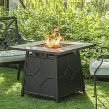 Load image into Gallery viewer, 28 Inch Square Patio Black Metal Base 40000 BTU Firepit Table with Gray Tabletop (Rain Cover Included)