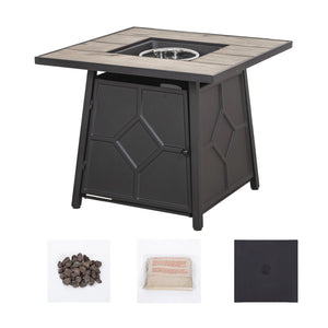 28 Inch Square Patio Black Metal Base 40000 BTU Firepit Table with Gray Tabletop (Rain Cover Included)
