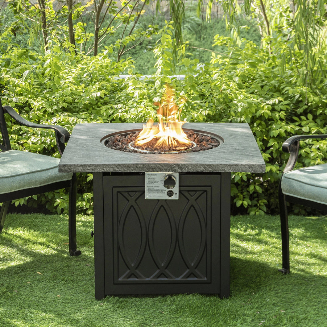 32 Inch Square Patio Black Metal Base 50000 BTU Firepit Table (Rain Cover Included)