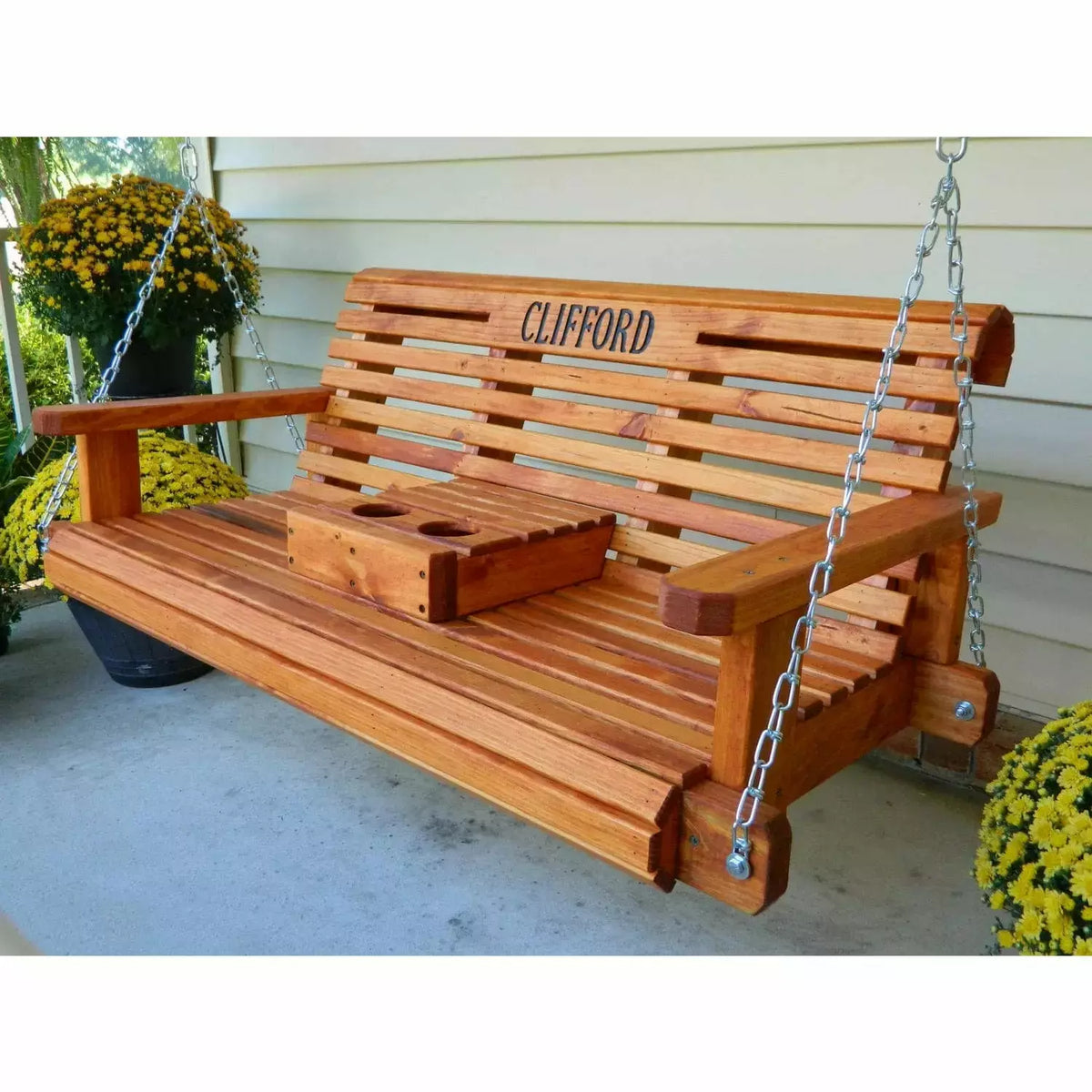 4ft Solid Pine Rollback Porch Swing, Personalized Engraved Lettering ...