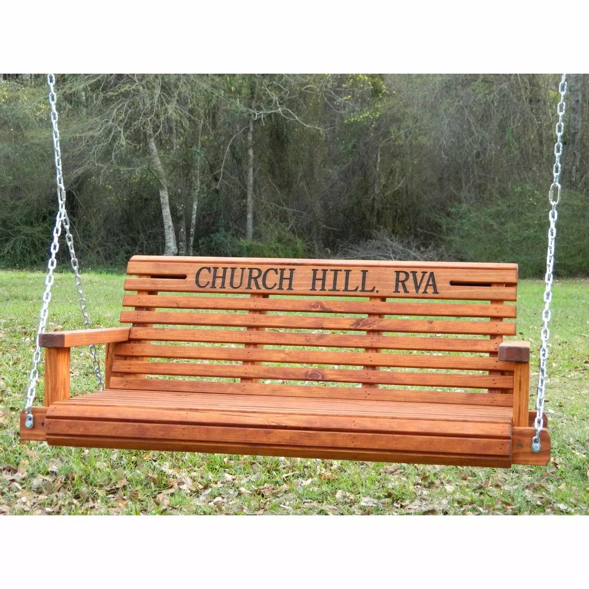 4ft Solid Pine Rollback Porch Swing, Personalized Engraved Lettering ...