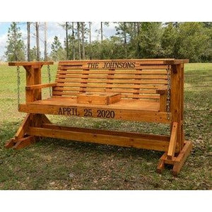 4ft Classic Pine Porch Chain Glider Swing with Stand, Memorial Bench, Patio Glider Swing, Personal Engraving
