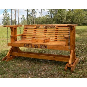 6FT Classic Pine Porch Chain Glider with Stand, Wood Garden Bench, Personal Engraving