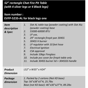 52” Rectangle Chat Fire Pit Table With Fireglass